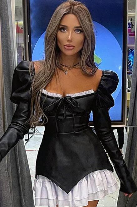 Low-cut lace-up ruffle black leather dress