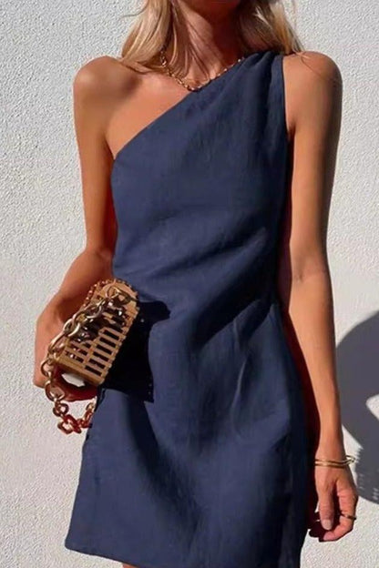 Oblique Shoulder Mini Dress