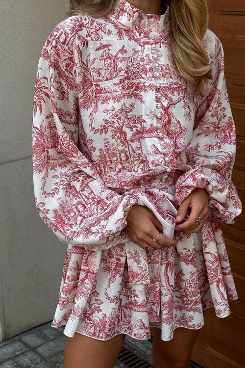 Puff Sleeve Stand Collar Lace Retro A-Line dress