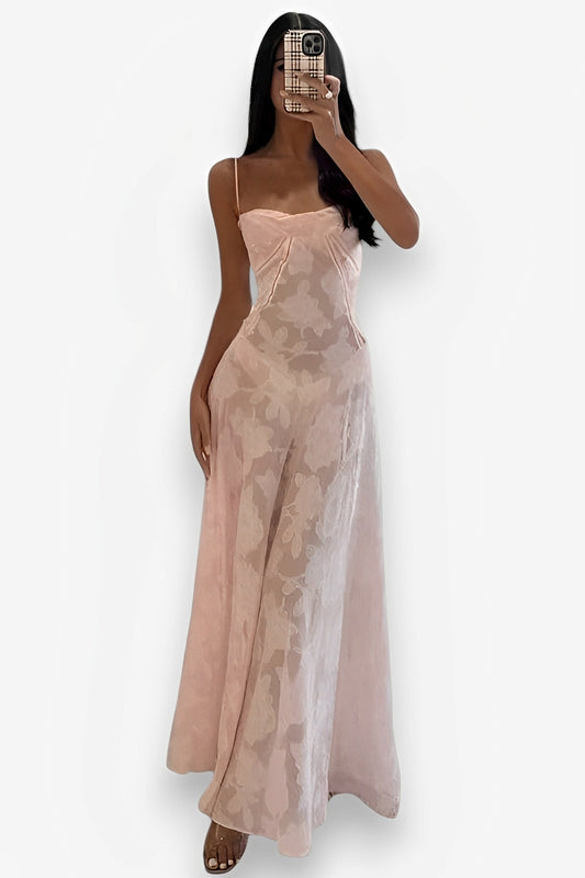 See-through fishbone suspender floral dress