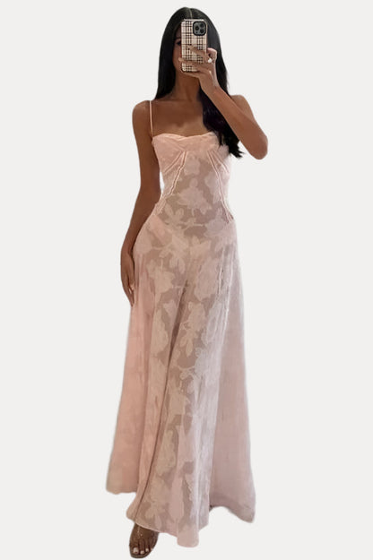 See-through fishbone suspender floral dress