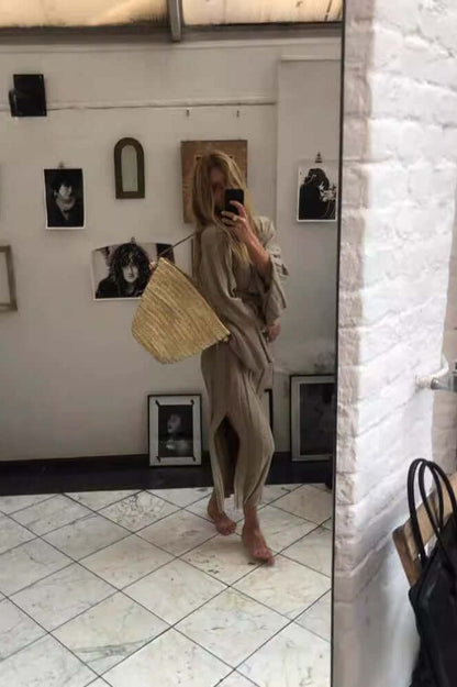 V-neck Long Sleeves Knitted Sweater Dress