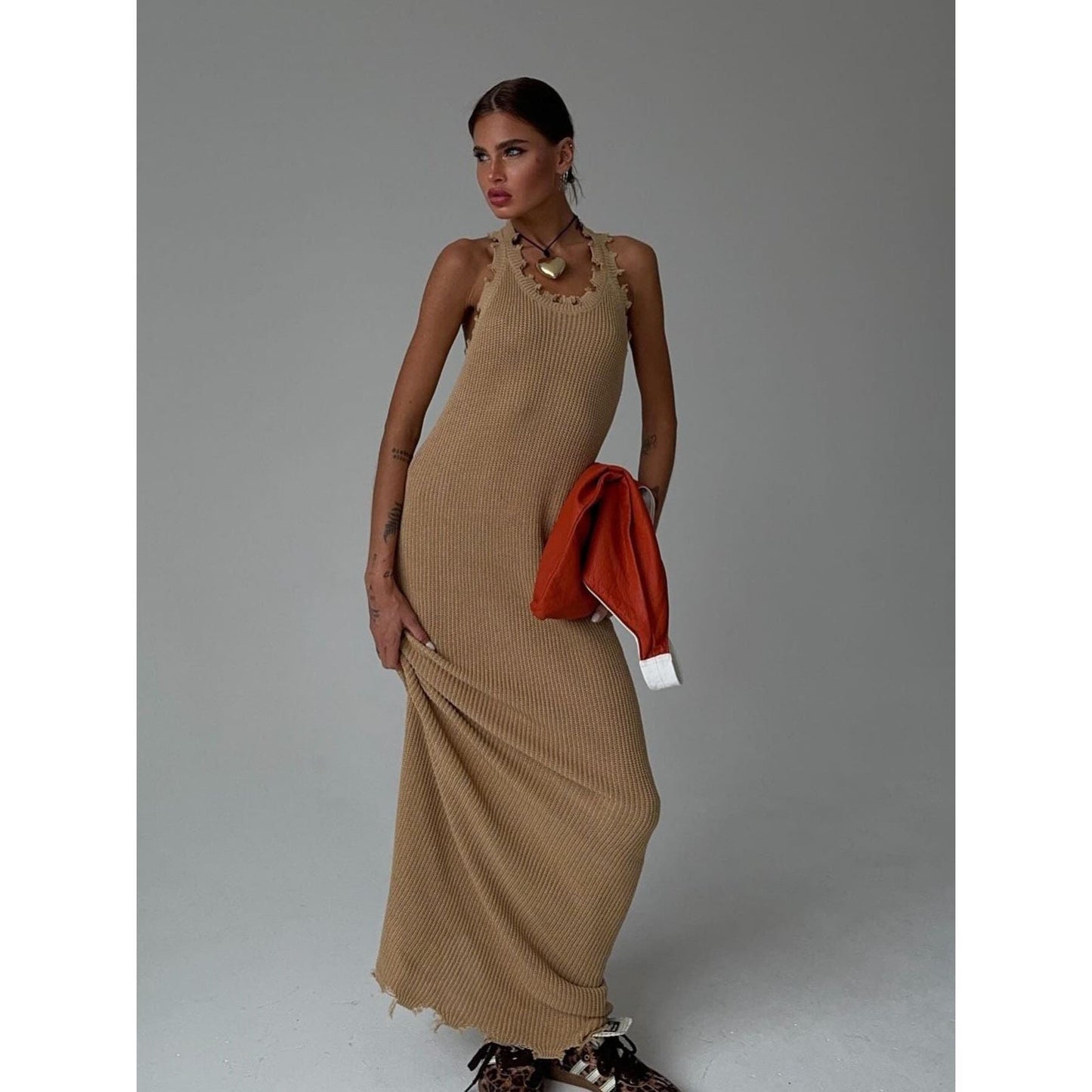 Suspender Sleeveless Ripped Long Dress