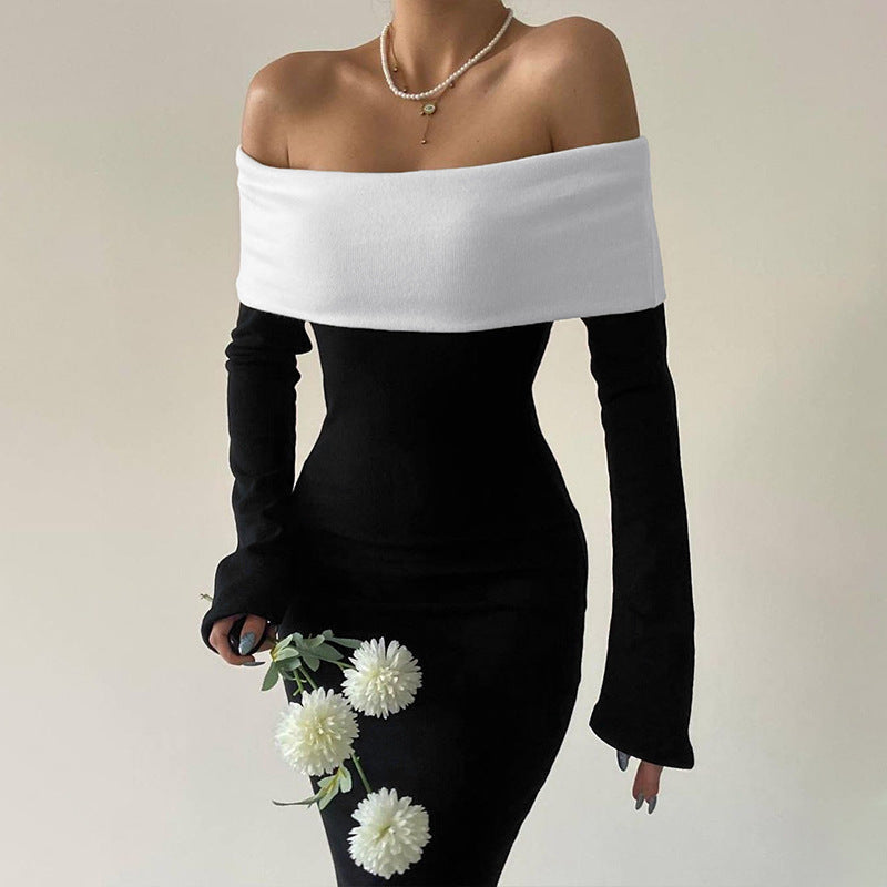 Off-shoulder long-sleeved long dress