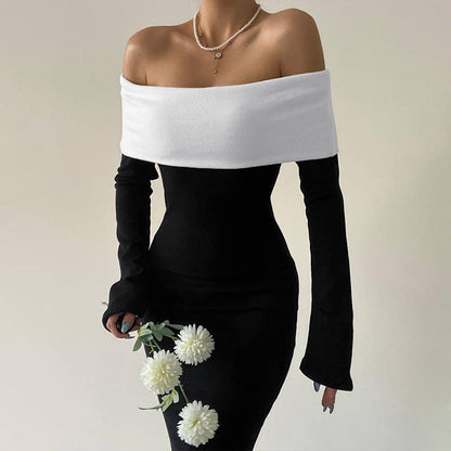Off-shoulder long-sleeved long dress