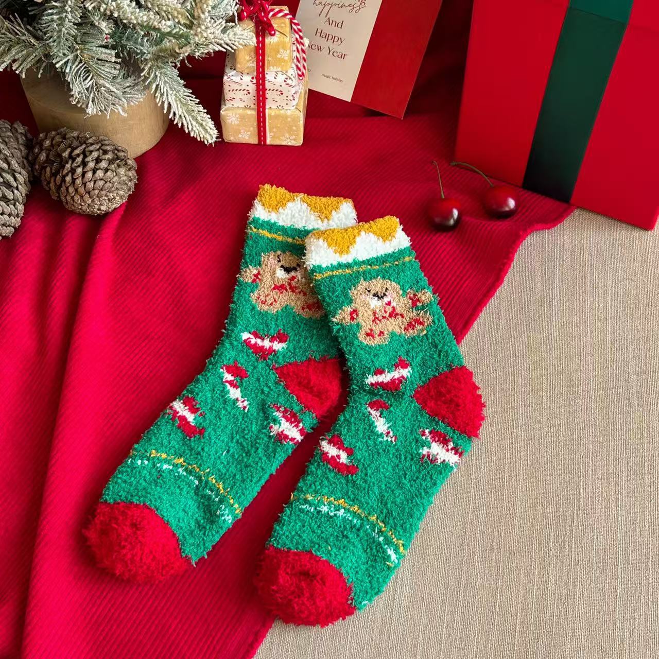 Cute Cartoon Fuzzy Coral Fleece Cozy Sleep Christmas Socks