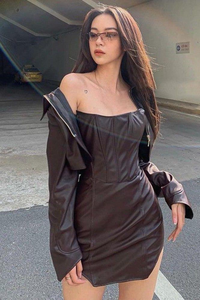 Style PU leather windbreaker lapel short dress & jacket