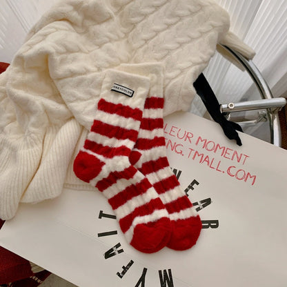 Red Striped Cashmere Blend Warm Mid Calf Christmas Socks