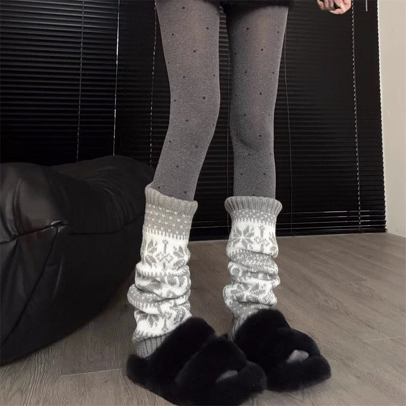 Retro Snowflake Knit Slouchy Red Christmas Leg Warmers