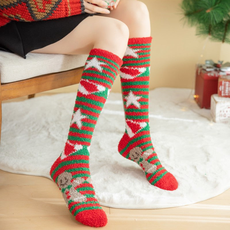Coral Fleece Non Slip Thick Reindeer Snowman Knee High Christmas Socks
