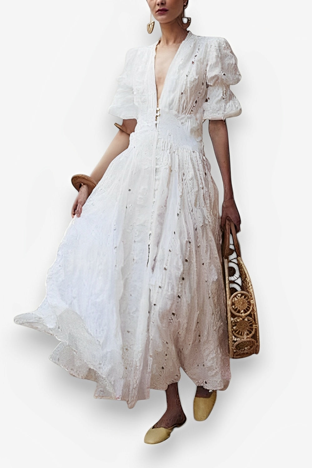 Bubble Sleeve Lace Hollow maxi dress