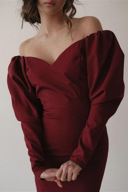 Puff sleeves red high-waisted dress