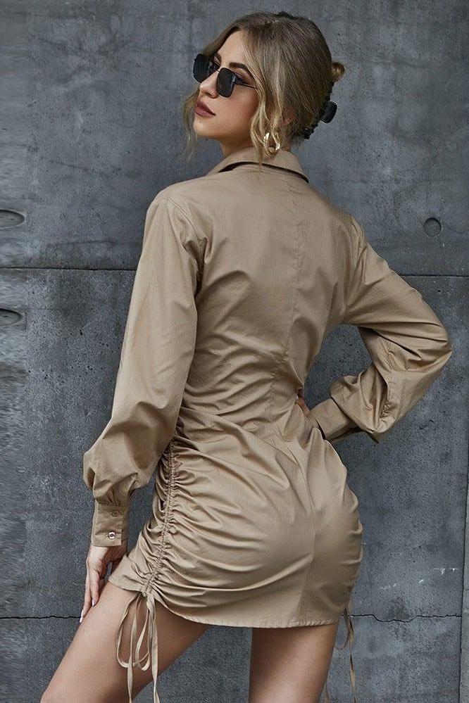 shirt dress V-neck side pleated lace-up dress