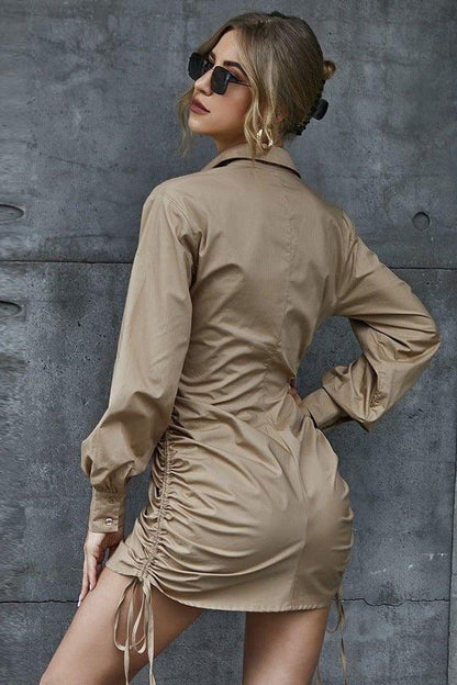 shirt dress V-neck side pleated lace-up dress