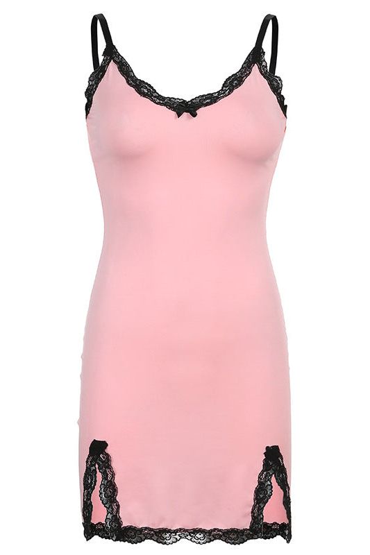 Lace stitching slit suspender dress