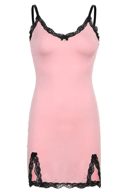 Lace stitching slit suspender dress