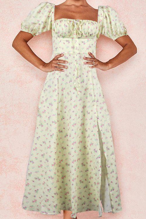French Floral Printed Backless Long Dress