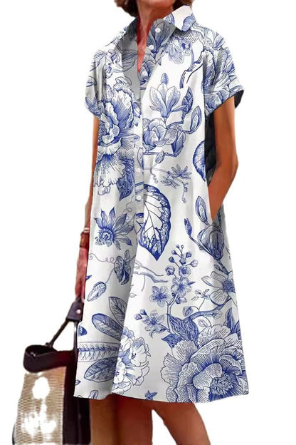 Blue and White Design Pocket Shirt Dress