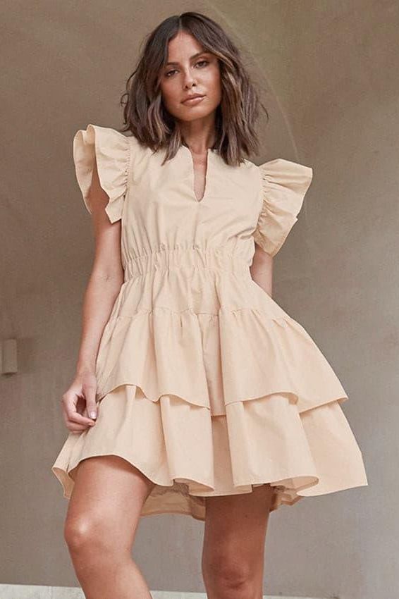 Hollow cake skirt U-neck lotus leaf sleeves cotton dress