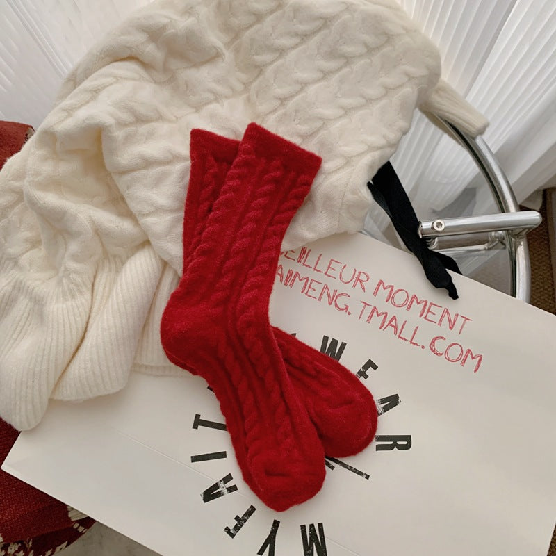 Red Striped Cashmere Blend Warm Mid Calf Christmas Socks