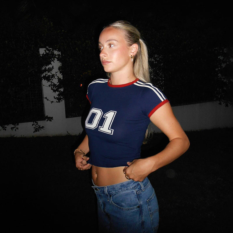 American Street Style Digital Print Contrast Color Short-sleeved T-shirt for Women