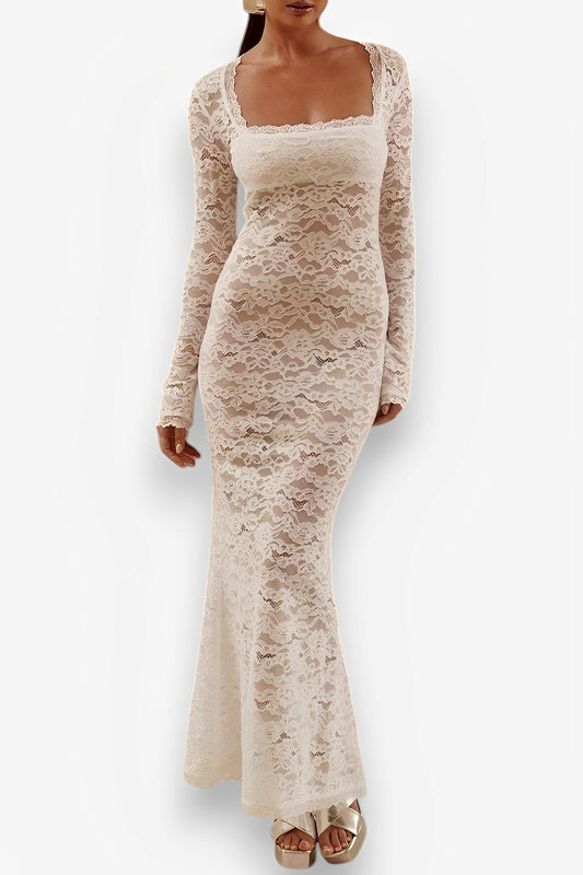 Square Neck Long Sleeve Lace Dress