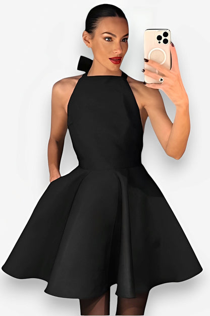 French Black Sleeveless Halter Dress