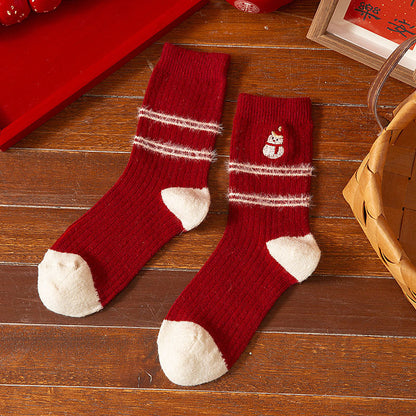 Thick Wool Red Cute Mid Calf Christmas Socks