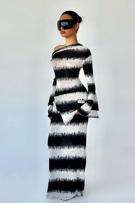 Striped Oblique Shoulder Long Sleeve Dress