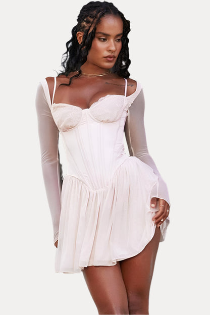 Mesh lace spliced fishbone French dress