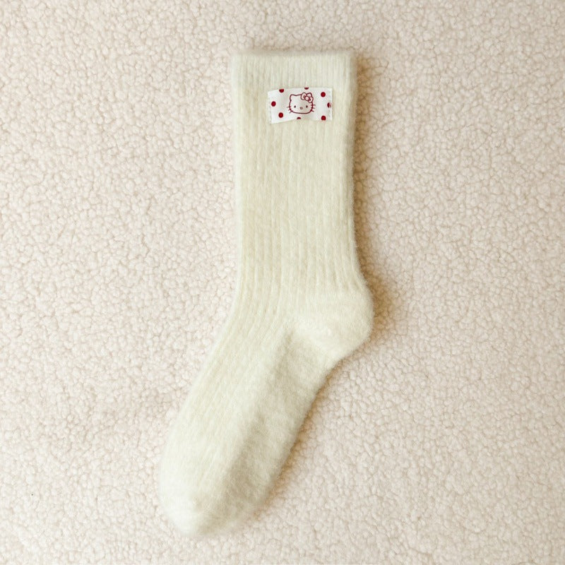 Embroidered Red Mid Calf Coral Fleece Cozy Christmas Socks