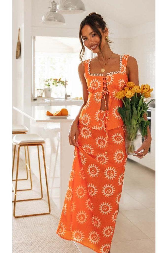 Square Collar Top Printed Long 2 piece dress