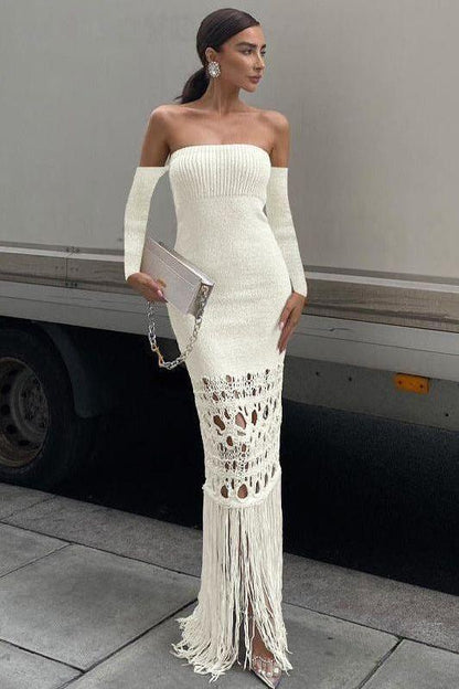 Tassel Off Shoulder Long Skirt Bodycon Dress