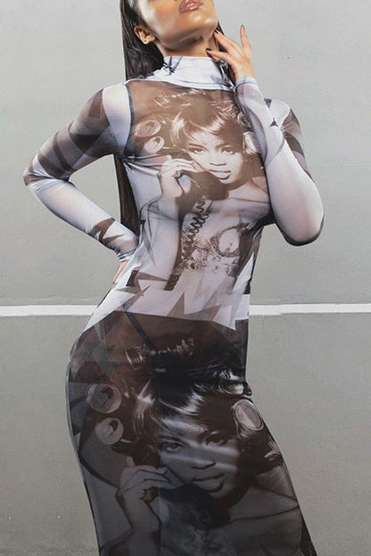 Retro print mesh long slim dress