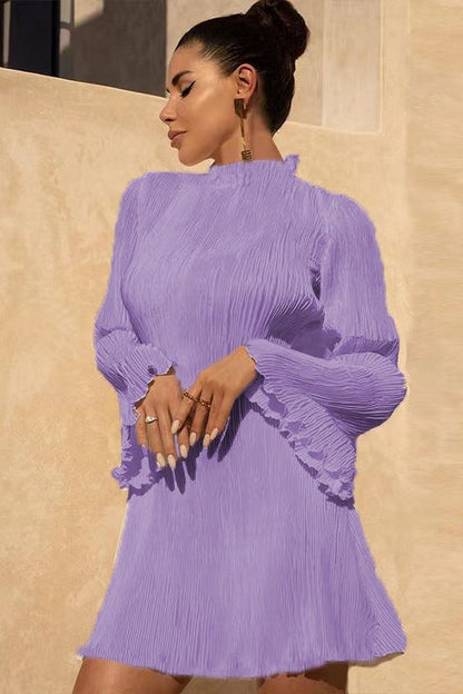 Double-layered pleated bell sleeve hip dress