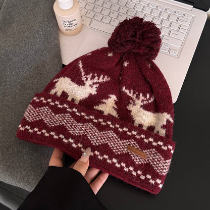 Vintage Reindeer Jacquard Beanie Christmas Hat