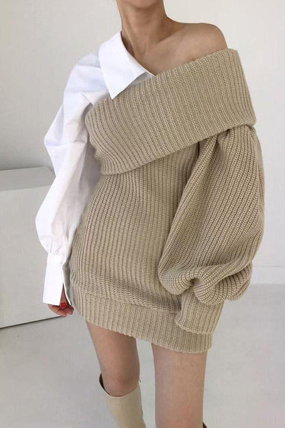 Knitted stitching fake two-piece slanted shoulder dress