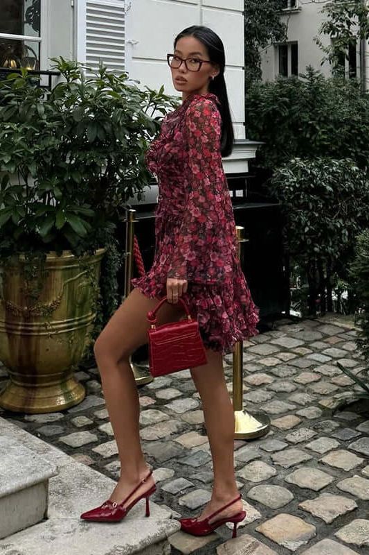 Floral Deep Neck Long Sleeve Mini Dress