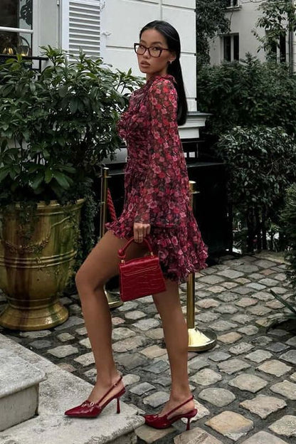 Floral Deep Neck Long Sleeve Mini Dress