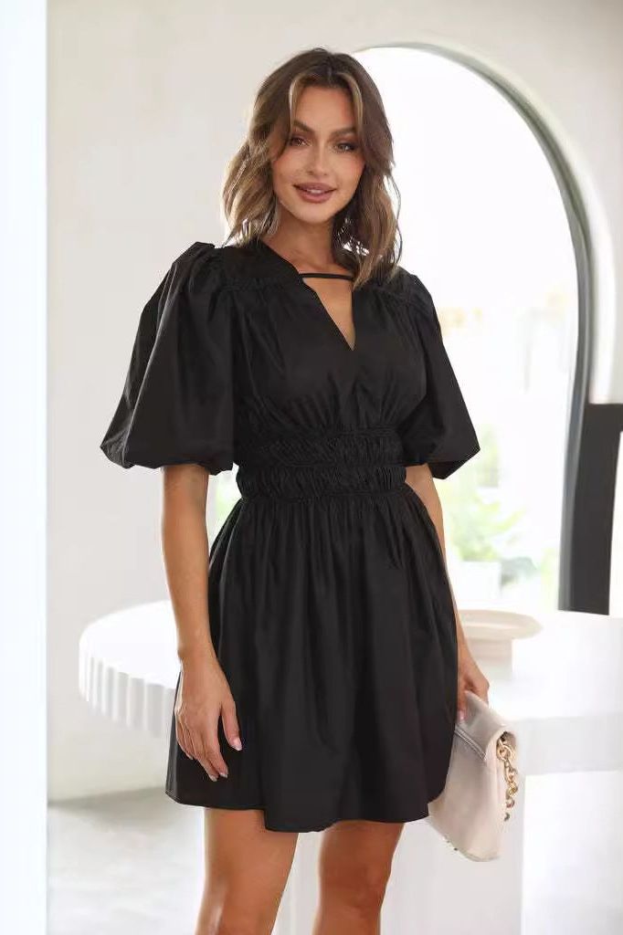 Deep V-neck High Waist Dopamine Dress