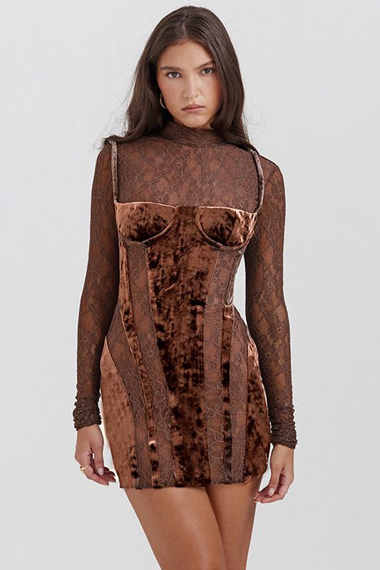 High-neck lace long-sleeved slim dress
