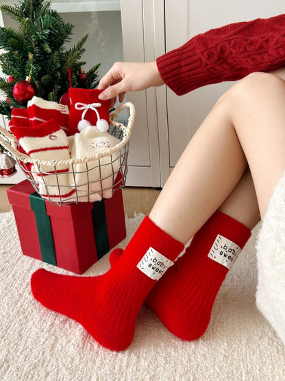 Embroidered Red Mid Calf Coral Fleece Cozy Christmas Socks
