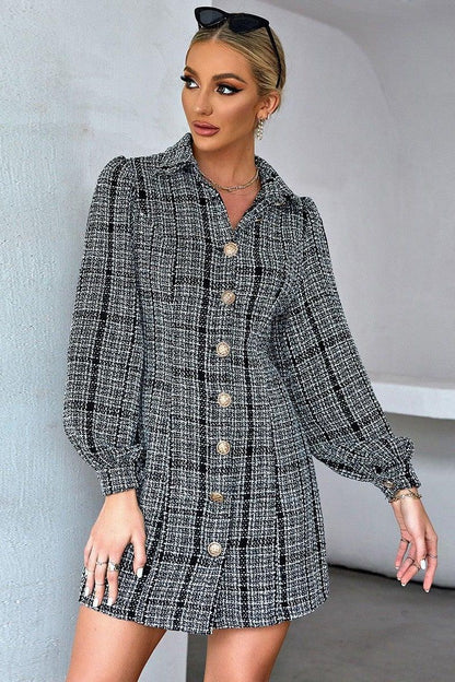 Retro Lapel Puff Sleeve Waist Slim Dress