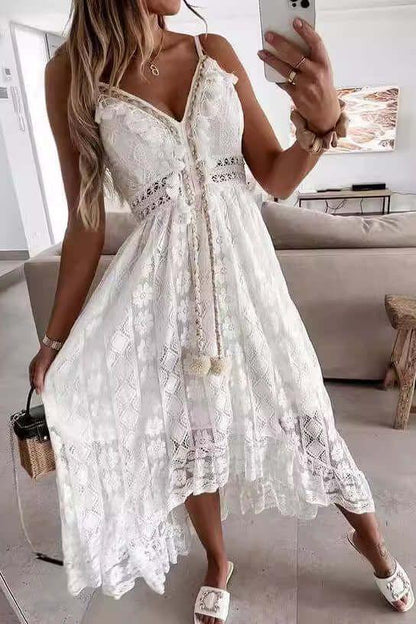 Lace Suspender white Midi Dress