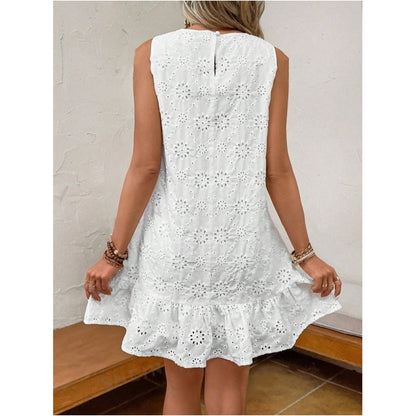 White Embroidered Round Neck Vest Dress