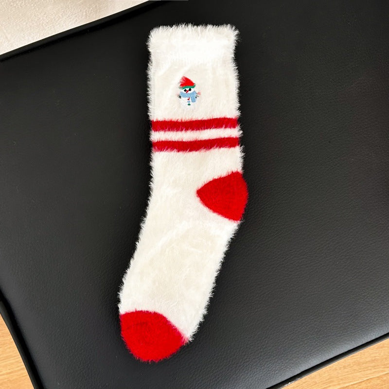 Thick Plush Embroidered Red Mid Calf Christmas Socks