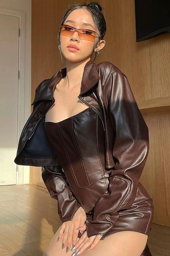 Style PU leather windbreaker lapel short dress & jacket