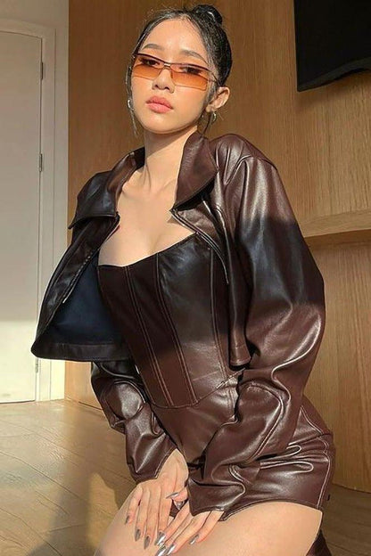 Style PU leather windbreaker lapel short dress & jacket