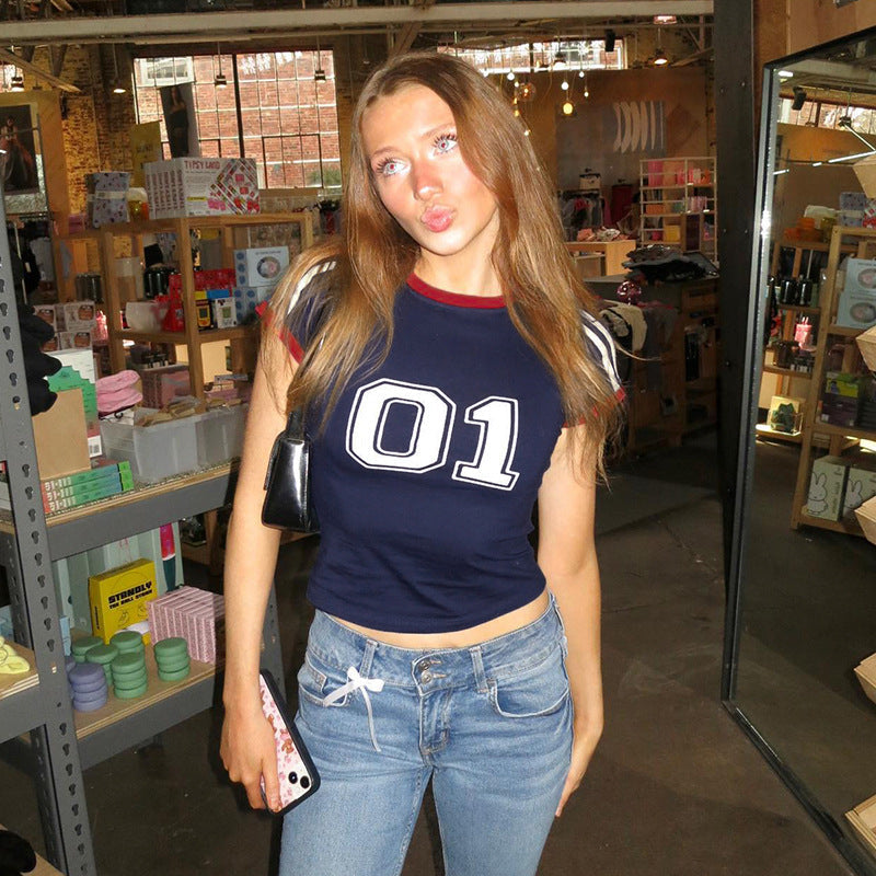 American Street Style Digital Print Contrast Color Short-sleeved T-shirt for Women