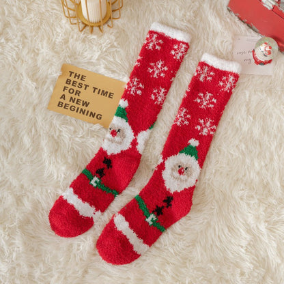 Thick Coral Fleece Reindeer Snowman High Top Christmas Socks